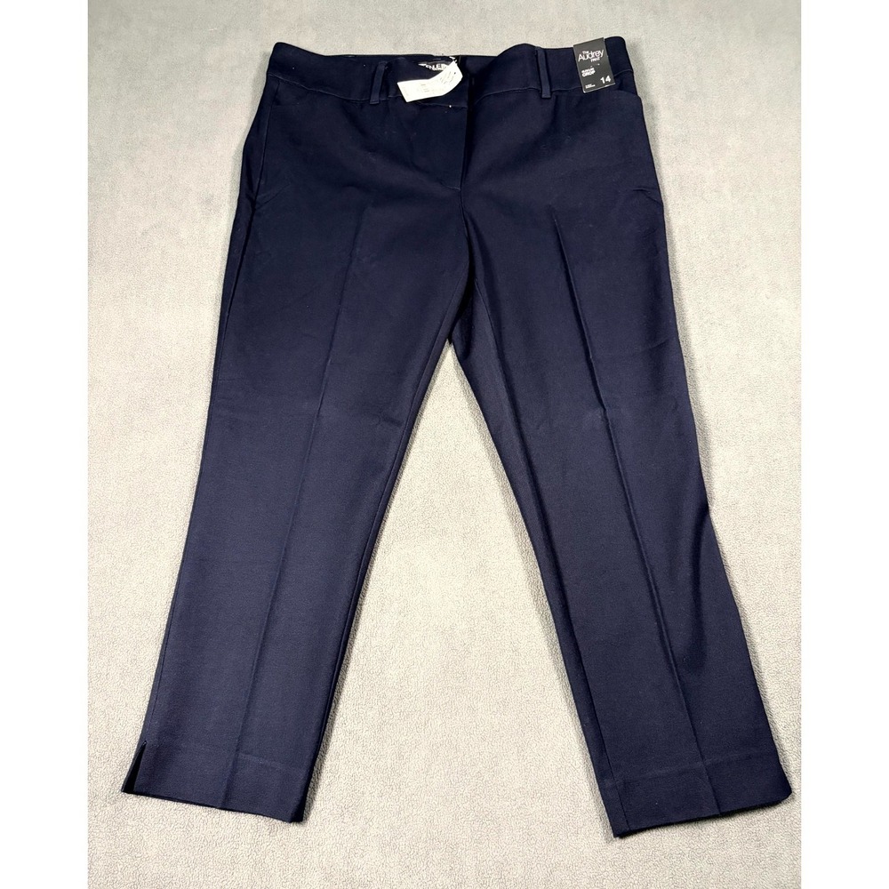New York & Company The Audrey Pants Women 14 Navy Blue Tapered Leg Side Slit Hem